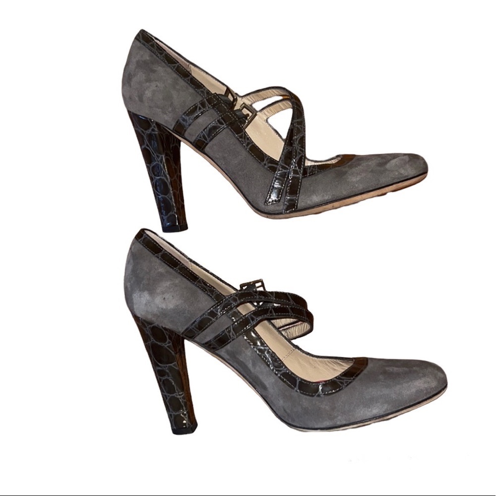 Kate Spade Mary Jane Heel‎ 7.5 Gray Suede Double Strap Italy Academia Preppy - Picture 5 of 9